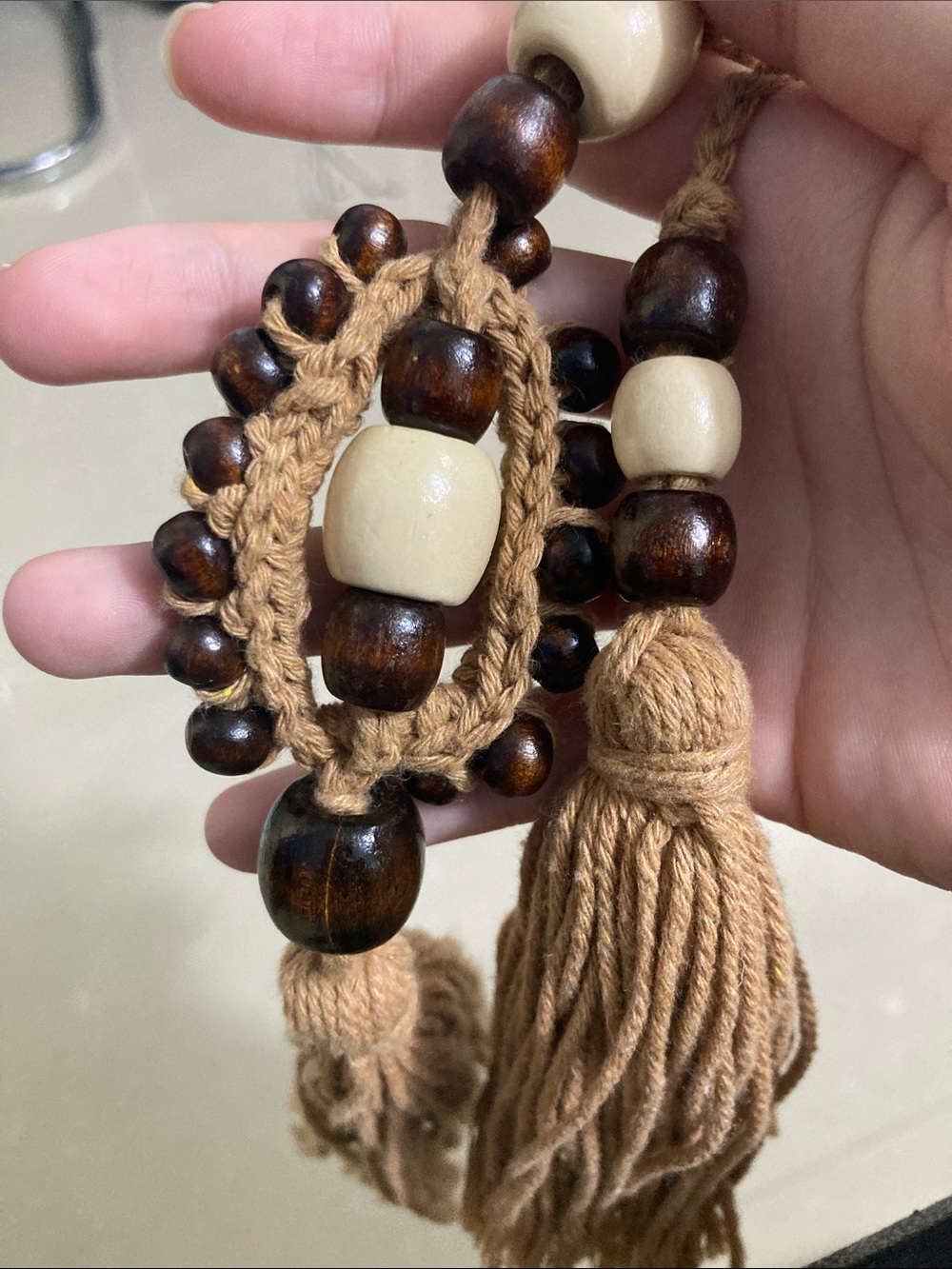 Boho Brown and Cream Beaded Tassel Necklace